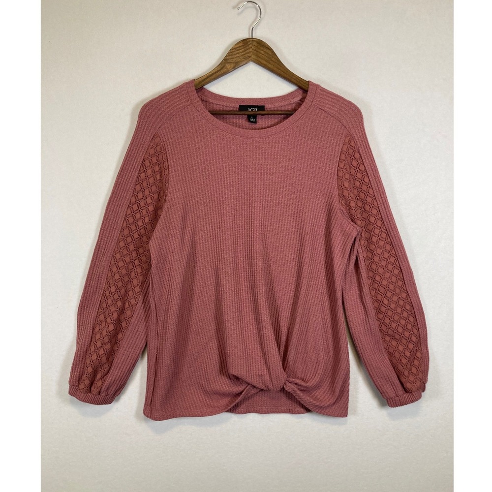 Romantic Boho Waffle Knit Top Women Large Pink Twist Front Lace Balloon Thermal